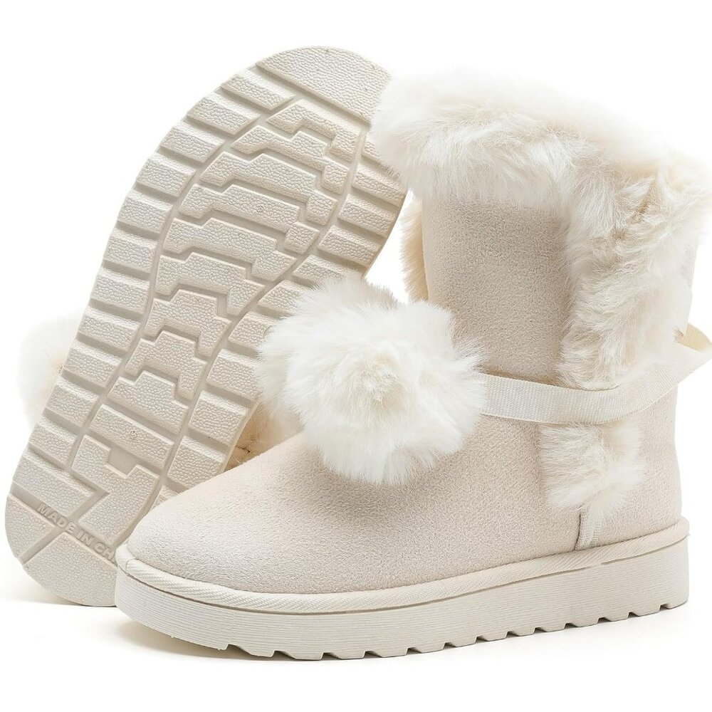 Women's Mid-calf Winter Snow Boots Lightweight Warm Faux Fur Booties Shoes White - Picture 7 of 7